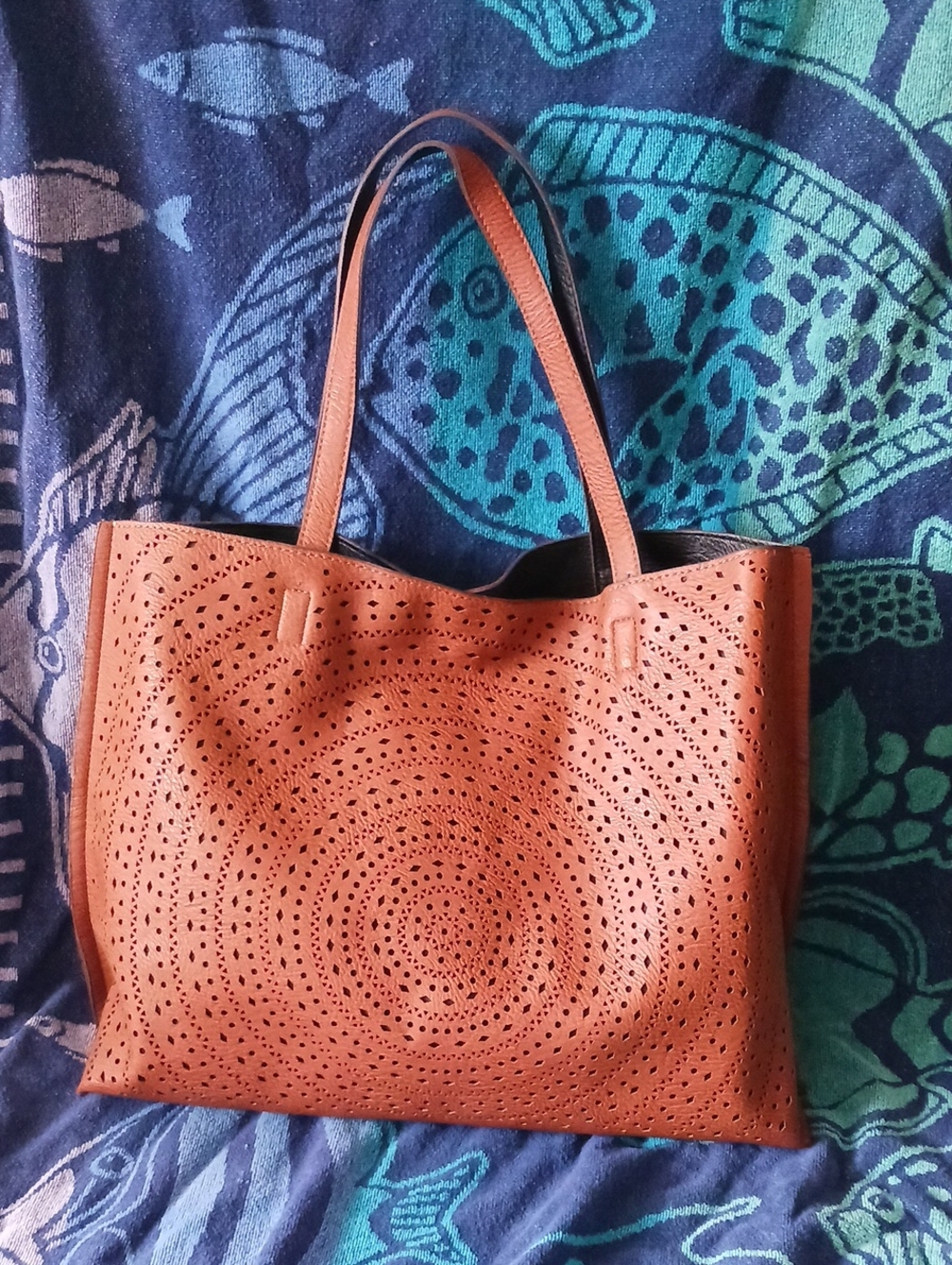 Madison West Perforated Tote in Cognac
